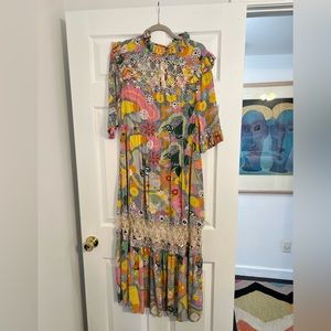 Celia B Colorful Abstract Midi Dress with Crochet Details